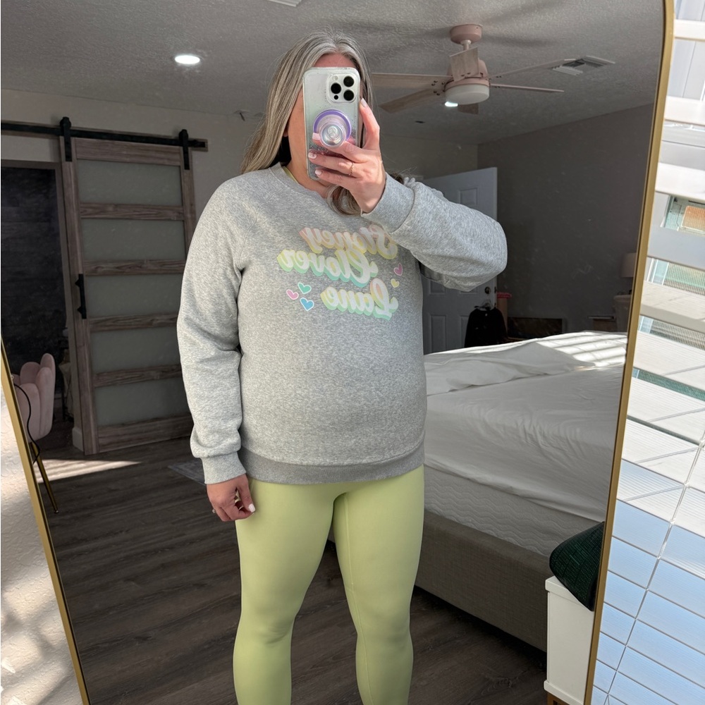 Stoney Clover Lane x Target Gray Sweatshirt with leggings and sports bra Outfit